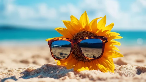 Sunflower with tortoiseshell sunglasses on bright beach