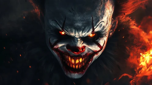 Demonic clown close-up with burning eyes and feral grin.