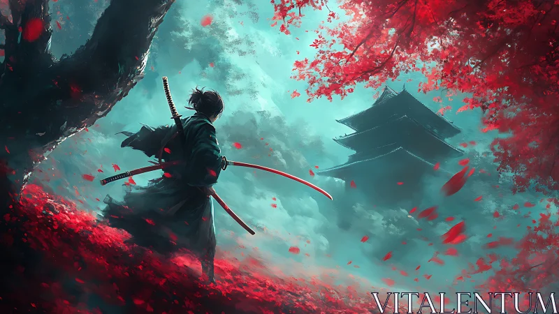 Lone samurai advances toward misty pagoda through crimson grove