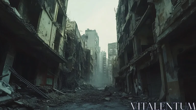 War torn city street lined with ruined concrete buildings.