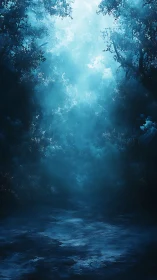 Blue-toned forest clearing with diffused overhead light.