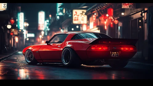 Scarlet muscle car idling under neon in rainy alleyway.