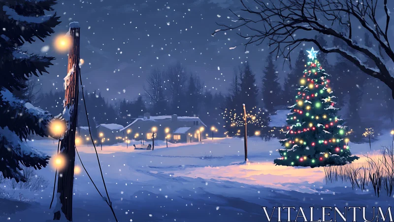 Snowy village Christmas lights glowing in the quiet night.