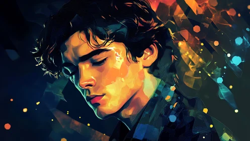Digital portrait of pensive youth with prismatic bokeh shards