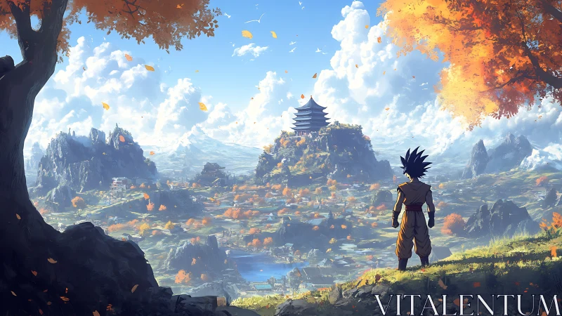 Young warrior overlooking vast autumn valley landscape.