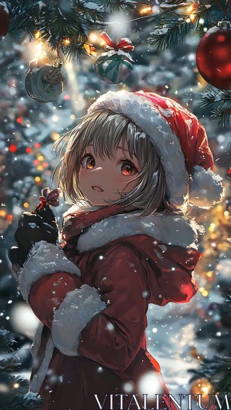 Snowlit anime girl in red Santa coat under glowing ornaments