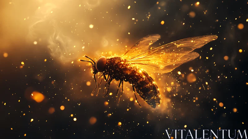 Luminous golden bee glows amid swirling ember sparks.