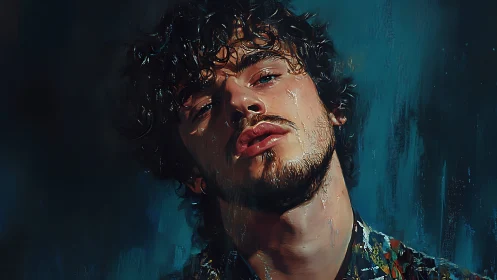 Moody digital portrait of wet curly haired young man.