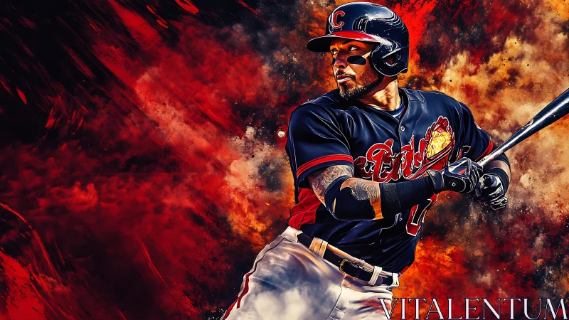Baseball player prepares to swing bat amid fiery backdrop