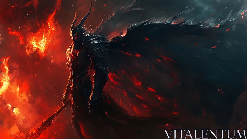 Dark flame guardian rises from swirling ember storms.