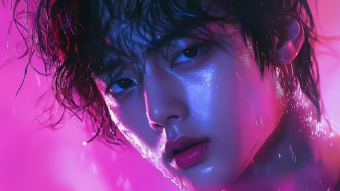 Close wet portrait in neon pink and blue studio lighting.