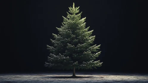 Solitary conifer tree stands centered under controlled light