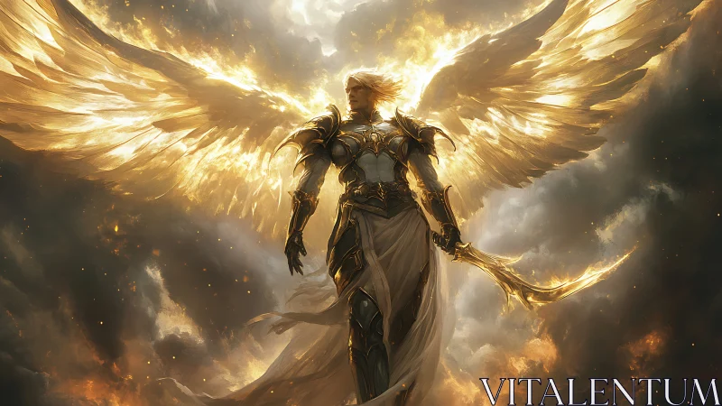 Radiant armored angel ascends amid blazing golden clouds.