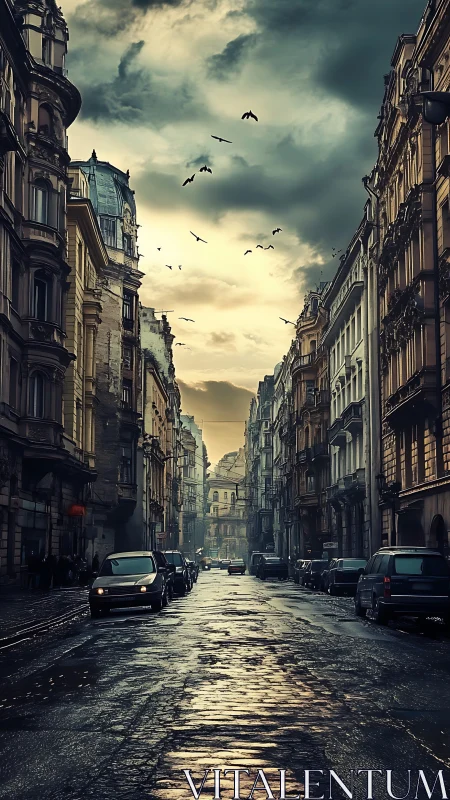 Moody wet cobblestone street between historic European facades