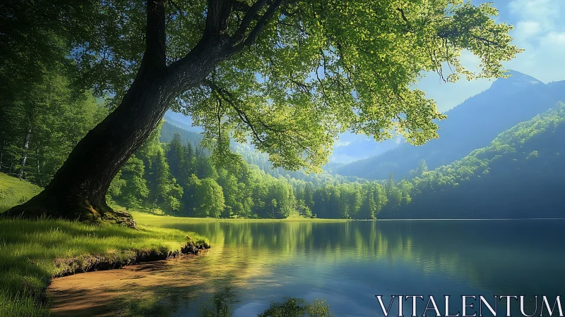 Serene mountain lake with leaning tree rendered photorealistically