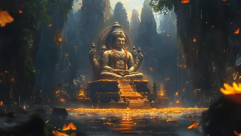Sacred river sanctuary with luminous multi armed deity statue.