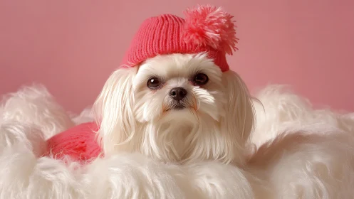 Pink pom-pom pup lounging in a cloud of silky fluff.