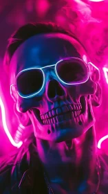 Neon lit skull figure wearing sunglasses in pink haze.