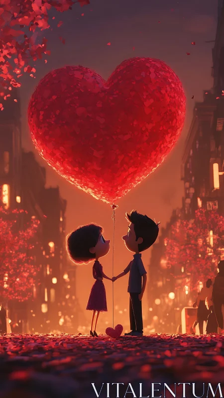 Silhouetted Couple Beneath Glowing Heart Balloon City