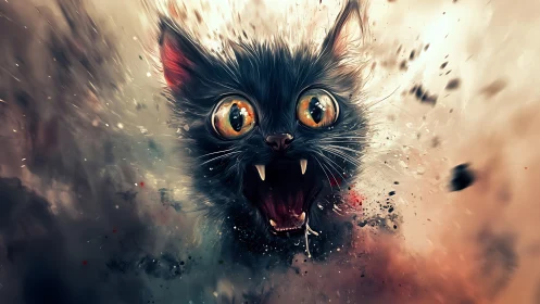 Black cat head erupts from abstract dust with wide eyes