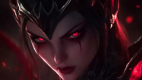 Dark sorceress close-up with glowing red demonic eyes.