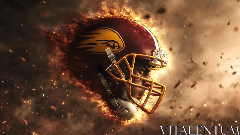 Football helmet erupts through fire cloud with determined player