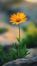 Single yellow daisy flower on stem in soft outdoor focus.