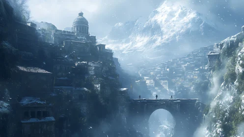 Snowy mountain city and bridge bathed in soft winter light.