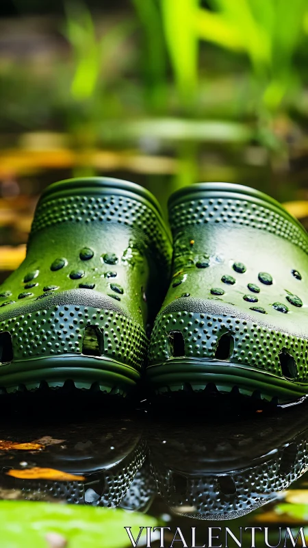 Macro study of wet green clogs with perforated EVA texture