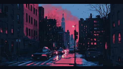 Neon-soaked city street frames distant tower at dusk.