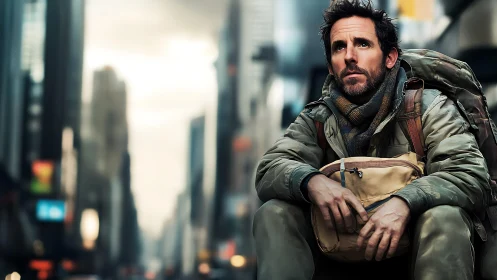 Weary backpacker rests in blurred modern city streetscape.