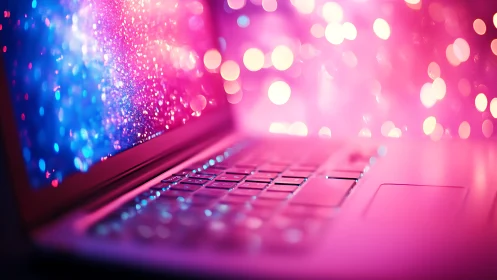 Neon laptop keyboard with glowing bokeh screen lights.