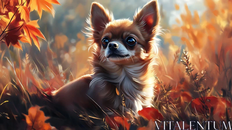 Autumn-lit Chihuahua portrait in shallow-depth meadowscape.
