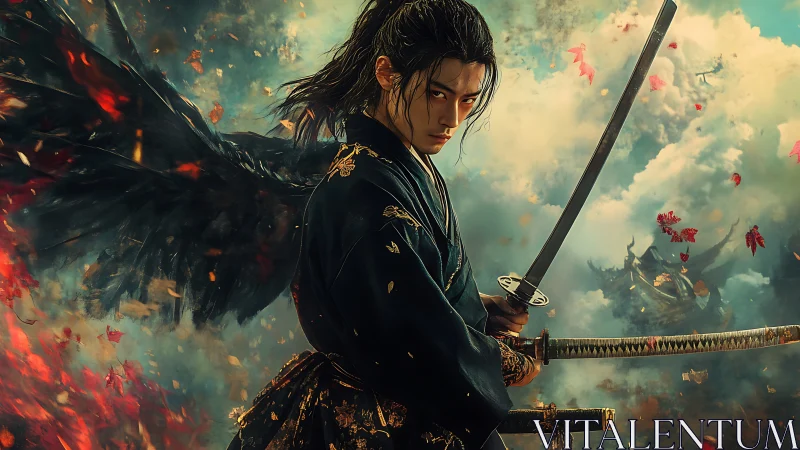 Winged katana duelist in turbulent ember‑lit stormscape.