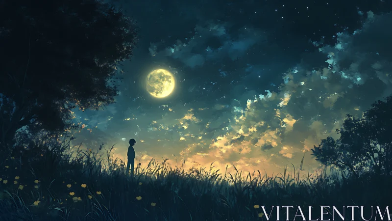 Moonlit child gazes across a tranquil, dreamlike meadow night.