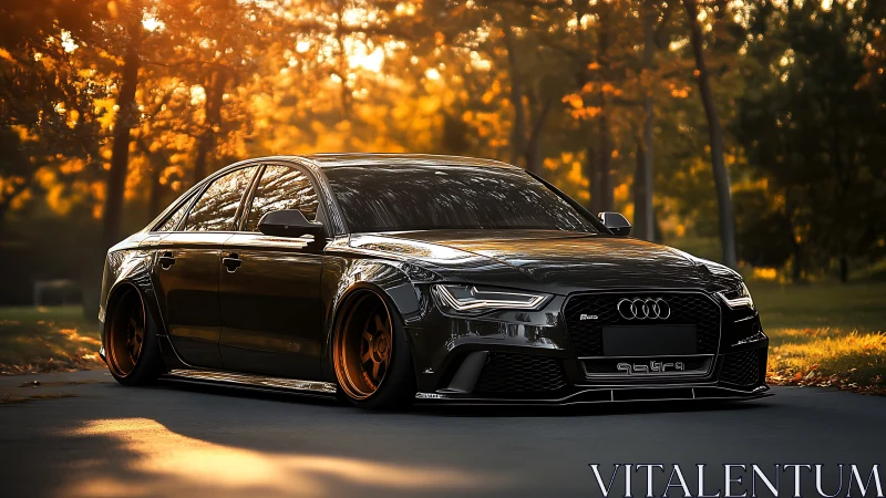 Modified black Audi sedan parked on road at sunset.