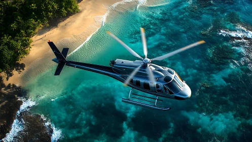 Silver coast-hopper skimming teal surf and quiet palm shore.