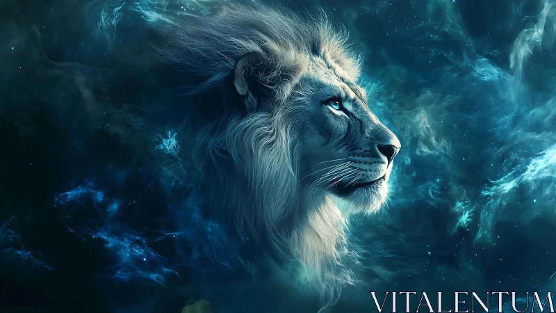Celestial lion profile glows within swirling teal nebula