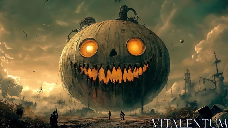 Gigantic rusted pumpkin airship dominates desolate industrial wasteland