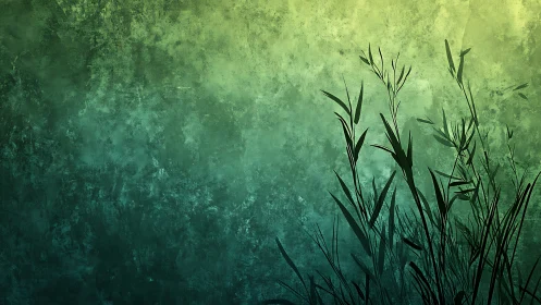 Silhouetted grass against textured green gradient field.