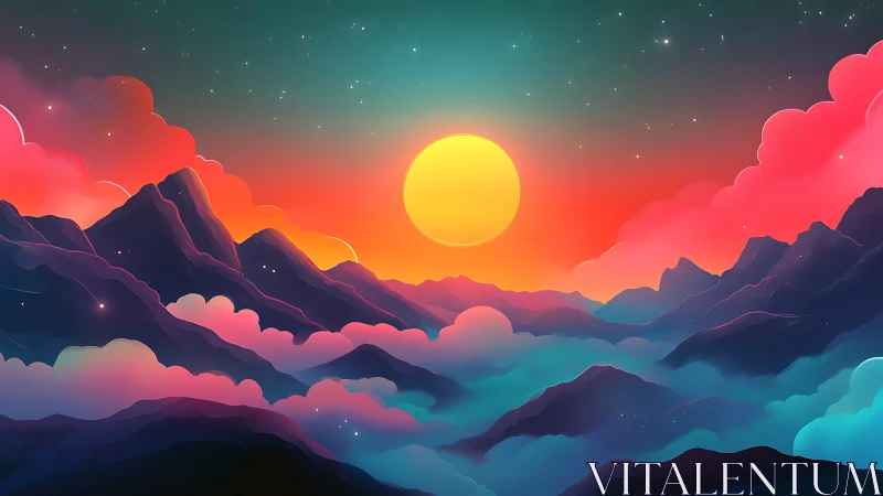 Vibrant stylized mountains under glowing sun at dusk.