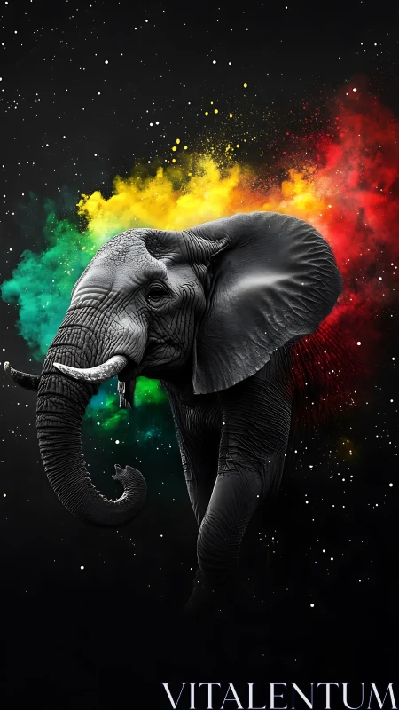 Majestic cosmic elephant glowing in bold color clouds.