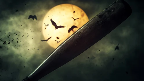 Moonlit bat swing slices through a storm of circling crows.