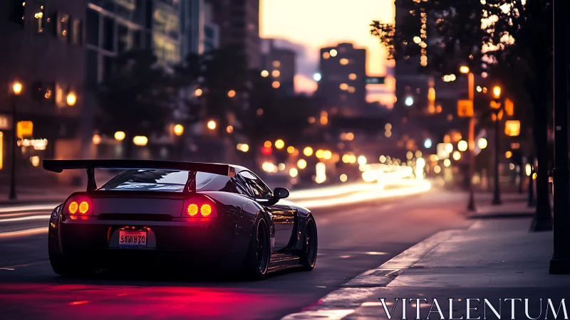 Low-slung sports car slices through neon city dusk streets.