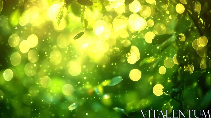 Macro bokeh of sunlit foliage with luminous green particles