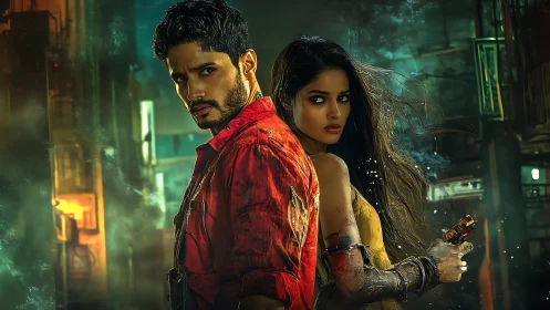 Neo-noir duo stand back-to-back in saturated urban haze