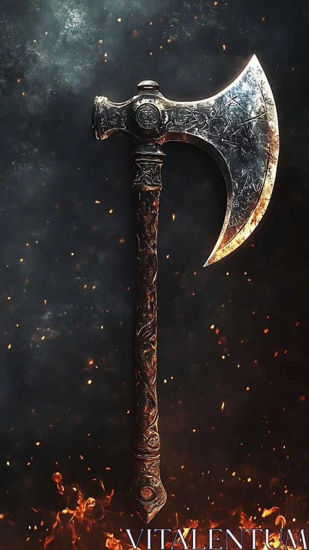 Runed battle axe glows above embers in smoky darkness.