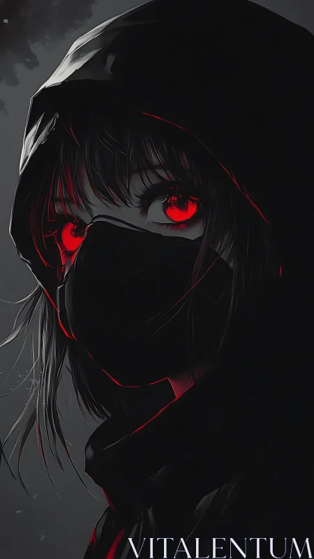 Hooded night wanderer with glowing red, watchful eyes.