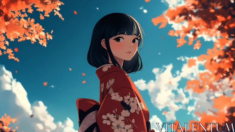 Girl in red kimono stands under vivid autumn sky
