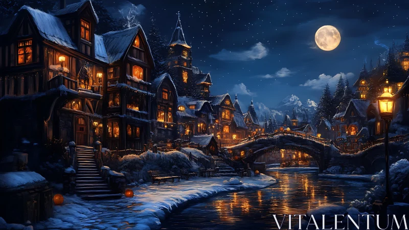 Snowy medieval village river scene under full moonlight.